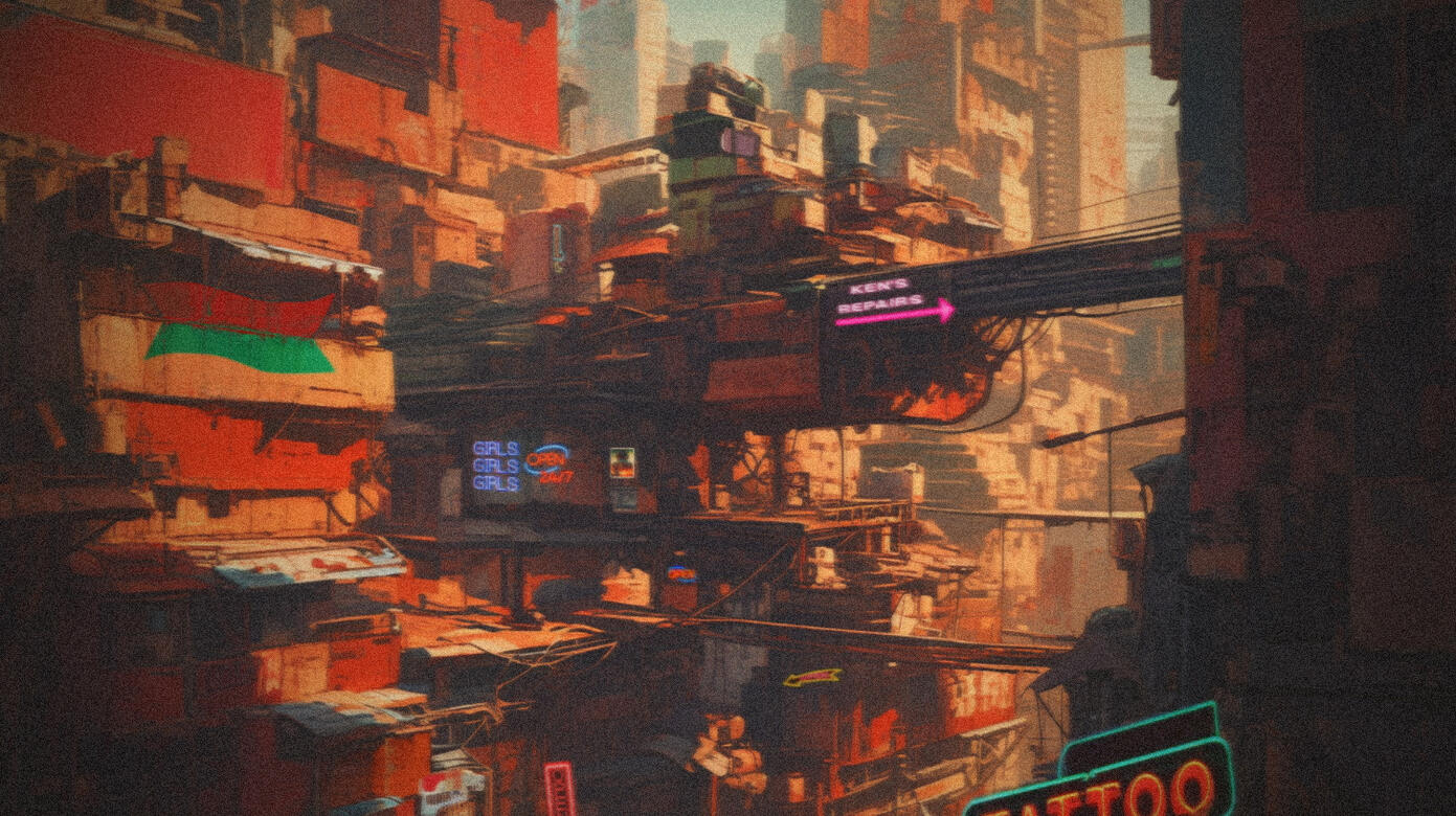 The slums of Neo Angeles where living accommodations and shady businesses are stacked haphazardly atop one another.