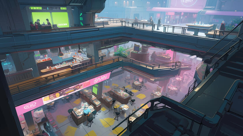 Meals, snacks, beverages, and the like can be purchased using allotted meal tokens. Set up very similar to a mall food court.